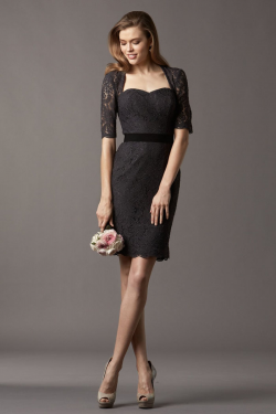 US$131.99 Black Ruched Half Sleeves Column Lace Sweetheart Knee Length