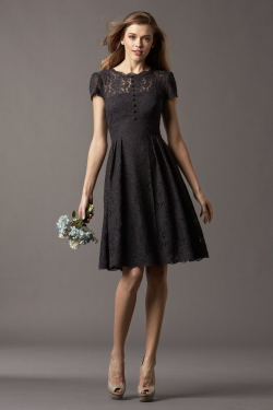 US$135.99 Straps Black Ruched Knee Length Short Sleeves Lace