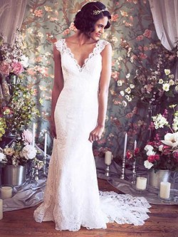 deep v-neck lace low back court train wedding dress with straps