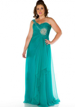 US$155.99 2015 Chiffon Teal Coral One Shoulder Zipper Crystals Sleeveless Sweep