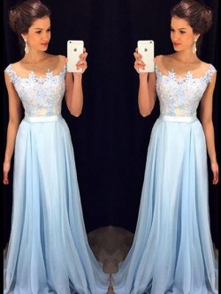 Affordable Scoop Neck Blue Chiffon Tulle Appliques Lace Floor-length Prom Dresses in UK