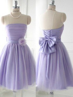 Amazing Strapless Satin Tulle Short/Mini Bow Lavender Bridesmaid Dress in UK