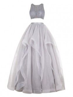 Ball Gown Scoop Neck Organza Floor-length with Beading Two Piece Prom Dresses in UK