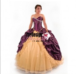 2017 brand new plum and gold beaded tulle taffeta pick up corset sweet 15 quinceanera dress