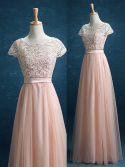 Discount Scoop Neck Lace Tulle Floor-length Sashes / Ribbons Short Sleeve Bridesmaid Dress in UK