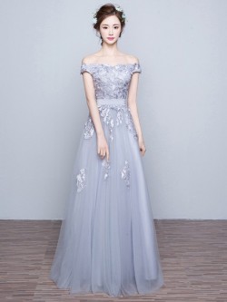 Exclusive A-line Tulle Appliques Lace Off-the-shoulder Long Prom Dresses in UK