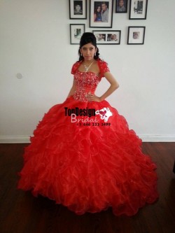 2017 New Applique Beading Sweet 15 Ball Gown Red Satin Tulle Prom Dress Gown Vestidos De 15 Anos