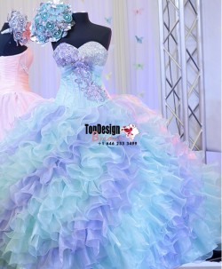 2017 New Applique Sweet 15 Ball Gown Blue and Lavender Satin Organza Prom Dress Gown Vestidos De ...