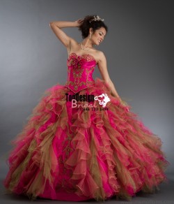 2017 New Beaded Embroidery Flower Sweet 15 Ball Gown Fuchsia and Gold Satin Tulle Prom Dress Gow ...