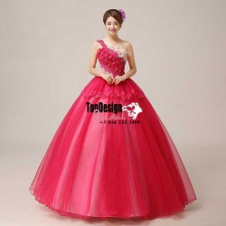2017 New Beaded Flower Sweet 15 Ball Gown One-shouler Red Satin Tulle Prom Dress Gown Vestidos D ...