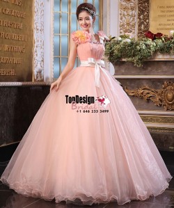 2017 New Beaded Flower Sweet 15 Ball Gown Peach Satin Tulle Prom Dress Gown Vestidos De 15 Anos  ...