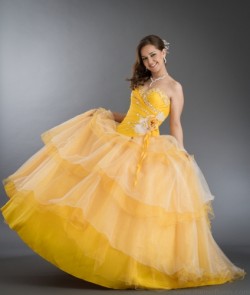 2017 New Beaded Flower Sweet 15 Ball Gown Yellow Satin Tulle Prom Dress Gown Vestidos De 15 Anos