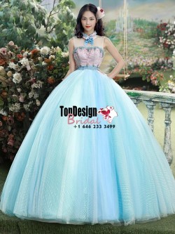 2017 New Beaded High Neck Sweet 15 Ball Gown Blue Satin Tulle Prom Dress Gown Vestidos De 15 Anos