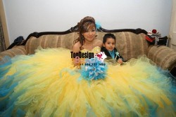 2017 New Beaded Sweet 15 Ball Gown Blue and Yellow Satin Tulle Prom Dress Gown Vestidos De 15 Anos