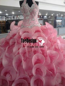 2017 New Beaded Sweet 15 Ball Gown Hater Top Pink Satin Organza Prom Dress Gown Vestidos De 15 Anos