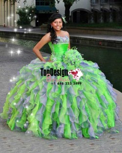 2017 New Beaded Sweet 15 Ball Gown Lime Green and Blue Satin Organza Prom Dress Gown Vestidos De ...