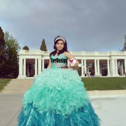2017 New Beaded Sweet 15 Ball Gown Mint Satin Tulle Prom Dress Gown Vestidos De 15 Anos