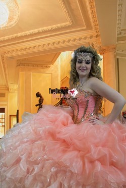 2017 New Beaded Sweet 15 Ball Gown Peach Satin Organza Prom Dress Gown Vestidos De 15 Anos