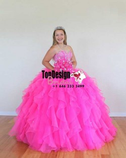 2017 New Beaded Sweet 15 Ball Gown Pink Satin Organza Prom Dress Gown Vestidos De 15 Anos