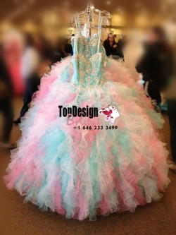 2017 New Beaded Sweet 15 Ball Gown Rainbow Color Satin Organza Prom Dress Gown Vestidos De 15 Anos