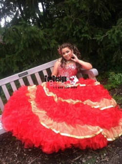 2017 New Beaded Sweet 15 Ball Gown Red and Gold Satin Organza Prom Dress Gown Vestidos De 15 Anos