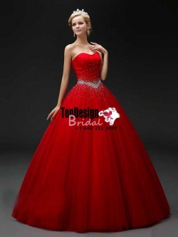 2017 New Beaded Sweet 15 Ball Gown Red Satin Tulle Prom Dress Gown Vestidos De 15 Anos