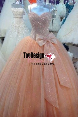 2017 New Beaded Sweet 15 Dress Peach Vestidos De Fiesta Taffeta Tulle Bowknot Quinceanera Ball Gown