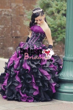 2017 New Beading Crystals Sweet 15 Ball Gown Black and Purple Satin Organza Prom Dress Gown Vest ...