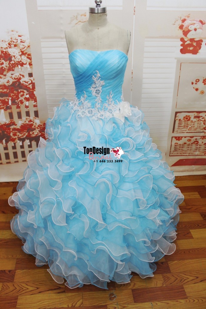 2017 New Embroidery Sweet 15 Ball Gown Blue and White Prom Dress Gown Vestidos De 15 Anos