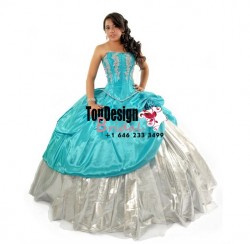 2017 new white and turquoise applique organza taffeta corset puffy sweet 15 quinceanera dress