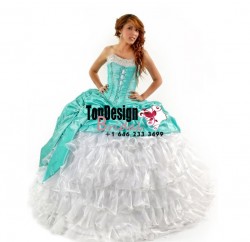 2017 new whtie and turquoise beaded organza taffeta corset sweet 15 quinceanera dress with bowknot