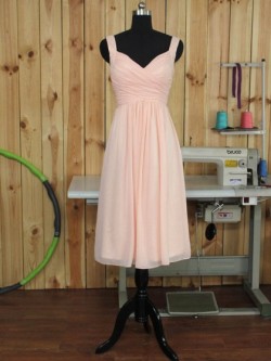 Pink V-neck Chiffon Online Tea-length Ruffles Bridesmaid Dress in UK