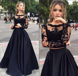 Scoop Neck Black Tulle Elastic Woven Satin Appliques Lace Long Sleeve Two Piece Prom Dress in UK