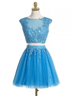 Sweet A-line Scoop Neck Tulle Short/Mini Appliques Lace Two Piece Prom Dresses in UK