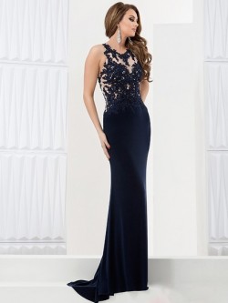 Trumpet/Mermaid Dark Navy Tulle Silk-like Satin Appliques Lace Backless Sweep Train Prom Dress in UK