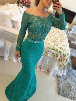 Trumpet/Mermaid Lace Tulle Floor-length Newest Long Sleeve Off-the-shoulder Prom Dresses in UK
