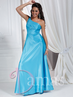 US$153.99 Lace Up Satin Sky Blue A-line Sleeveless One Shoulder Floor Length Ruched