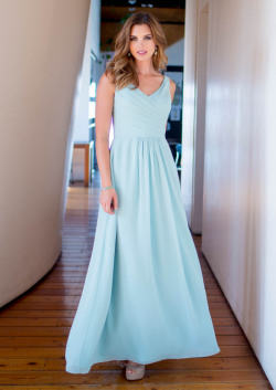 US$133.99 2015 Ruched Ankle Length A-line Chiffon V-neck Blue Sleeveless