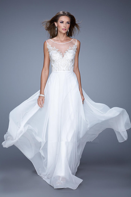 US$150.99 2015 Sleeveless Ruched Floor Length Scoop White Appliques Chiffon