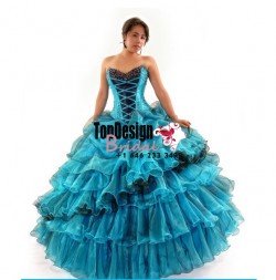 Wonderful turquoise and black beaded organza ruffles corset puffy sweet 15 quinceanera dress