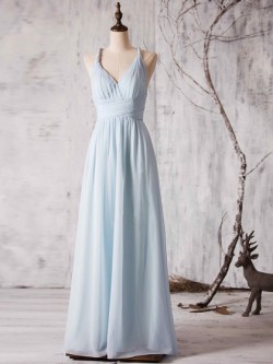 Gorgeous V-neck Chiffon Floor-length Ruffles Backless Bridesmaid Dress in UK