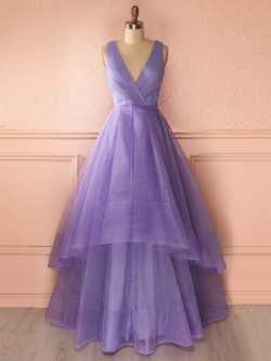 Princess V-neck Organza Floor-length Tiered Affordable Prom Dresses in UK