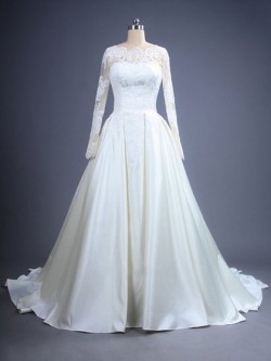Scalloped Neck Ivory Satin with Appliques Lace Court Train Long Sleeve Wedding Dresses in UK