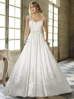 Sweep Train Ivory Satin Beading Open Back Ball Gown Wedding Dresses in UK