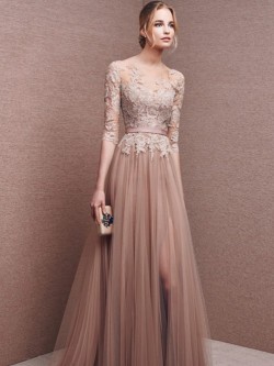 A-Line/Princess Scoop 1/2 Sleeves Lace Floor-Length Tulle Dresses – Formal Dresses Christc ...