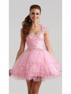 Sweetheart Neck Open Back Beaded Lace Bodice Layered Tulle Skirt Short Prom Gown