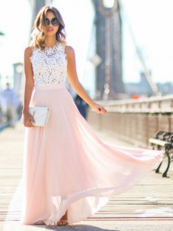 Shop A-line Scoop Neck Pink Lace Chiffon with Beading Floor-length Glamorous Ball Dresses in New ...