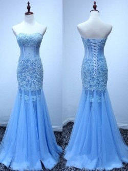 Shop Ballotion Sweetheart Tulle Appliques Lace Blue Trumpet/Mermaid Ball Dresses in New Zealand