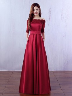 Shop Burgundy Off-the-shoulder A-line Satin Floor-length Appliques Lace 1/2 Sleeve Ball Dresses  ...