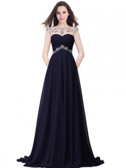 Shop Chiffon Tulle Scoop Neck Sweep Train A-line with Beading Ball Dresses in New Zealand